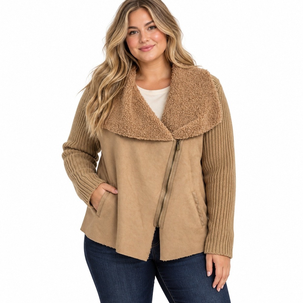 Faux Suede Sherpa Collar Moto Jacket XL Camel Knit Sleeves Boho Cabincore Cozy